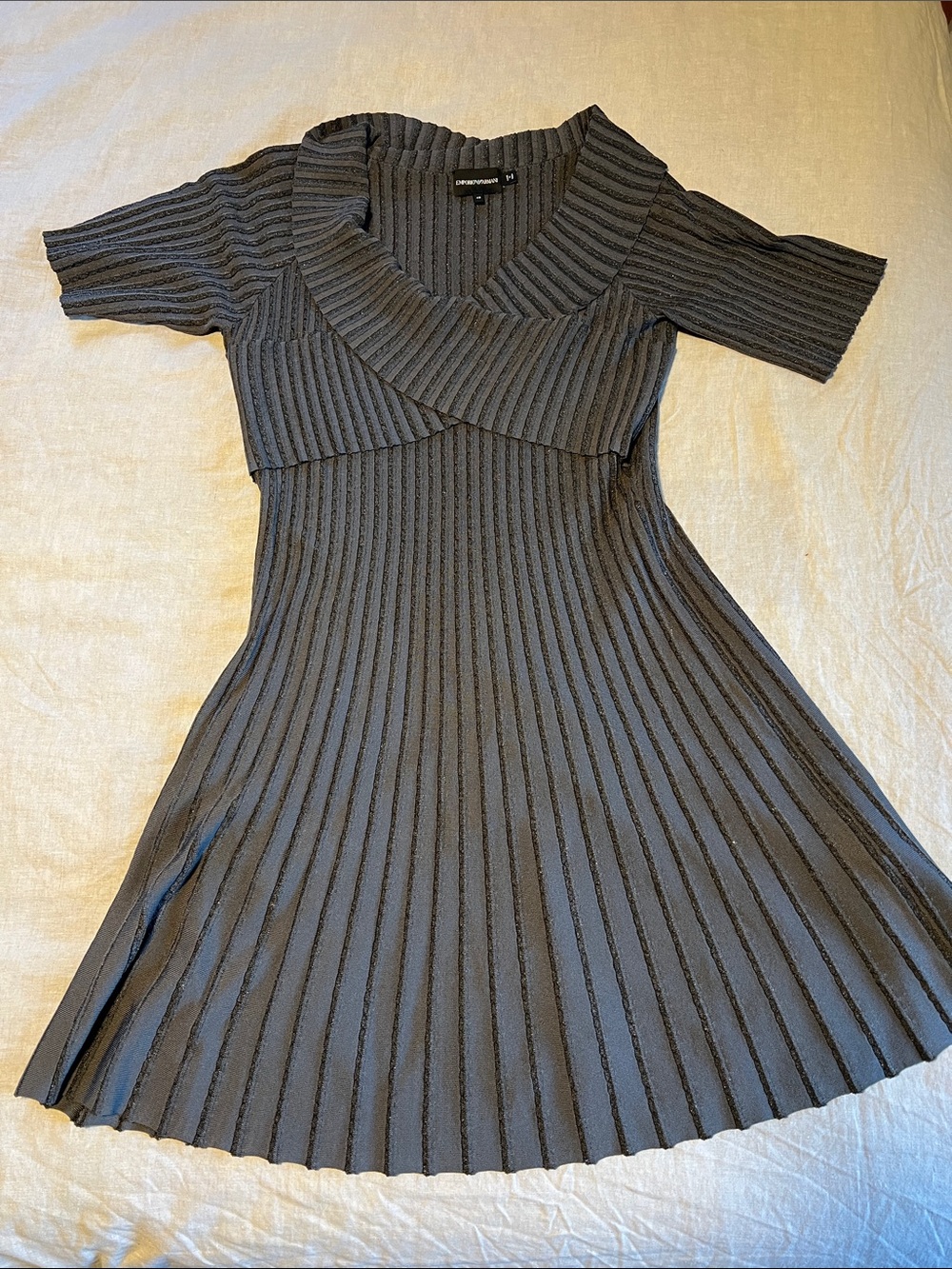 Emporio Armani Black Ribbed Fit-and-Flare Midi Dress